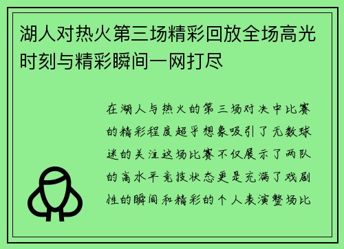 湖人对热火第三场精彩回放全场高光时刻与精彩瞬间一网打尽